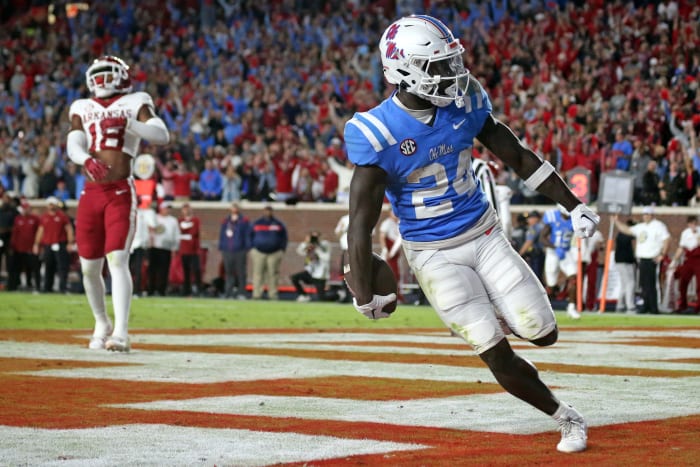 Oct 7, 2023; Oxford, Mississippi, USA; Mississippi Rebels running back Ulysses Bentley IV (24) reacts after scoring a touchdown during the second half against the Arkansas Razorbacks at Vaught-Hemingway Stadium. Mandatory Credit: Petre Thomas-USA TODAY Sports